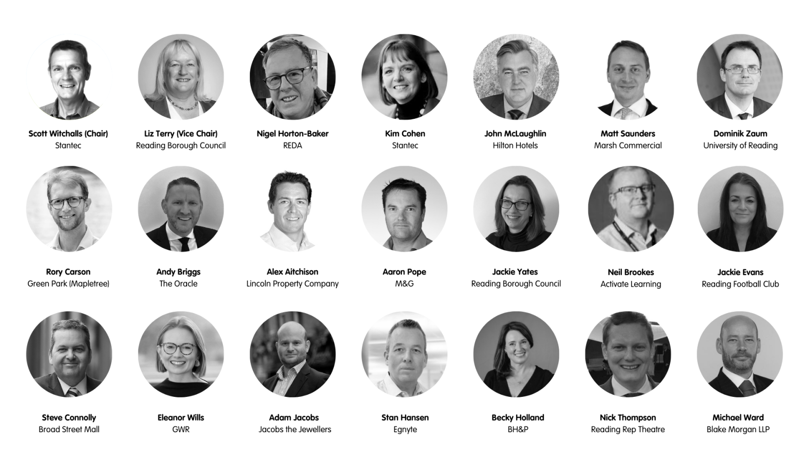 Headshots of REDA's board members in black and white